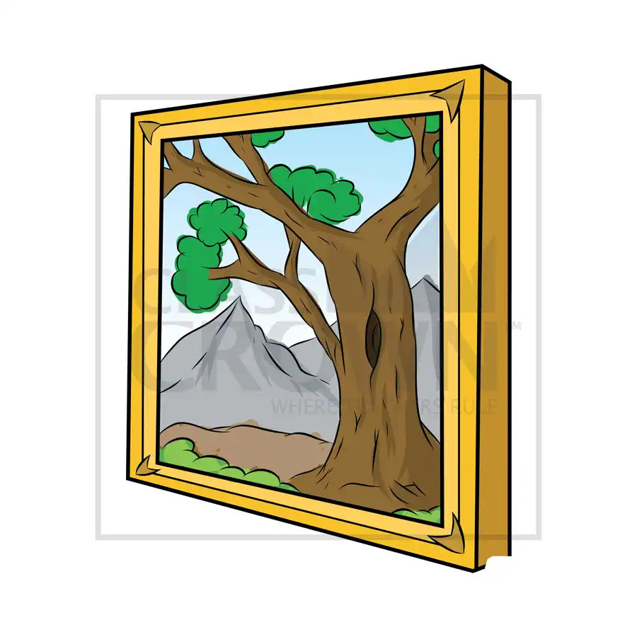 Landscape artwork in frame at angle