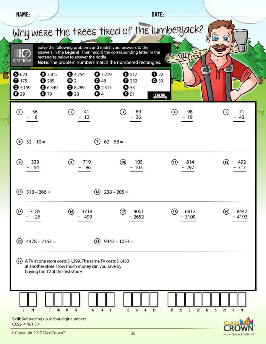 4th grade math worksheet, subtracting up to four digit numbers. Lumberjack graphic.