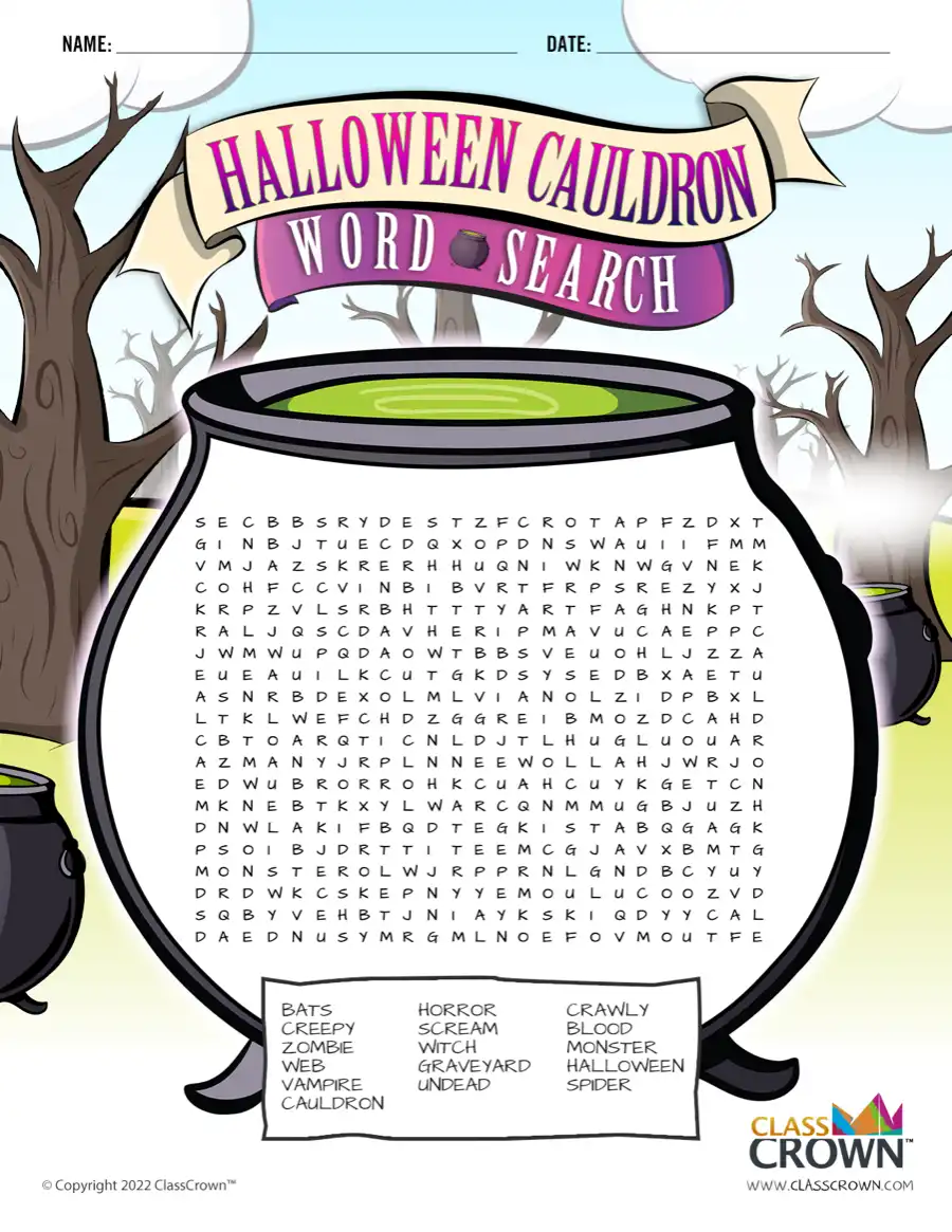 Halloween cauldron word search.