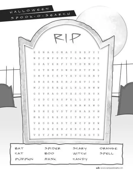 Halloween word search, tombstone.