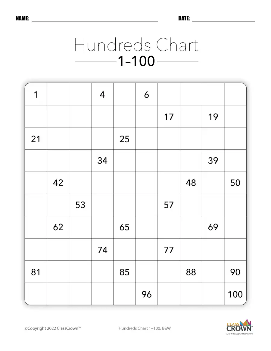 Hundreds Chart 1-100, 25% Filled, Black and White.