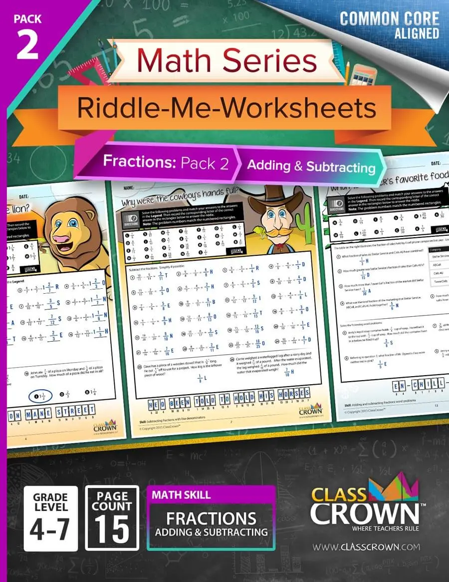 Fractions worksheets pack 2 cover.