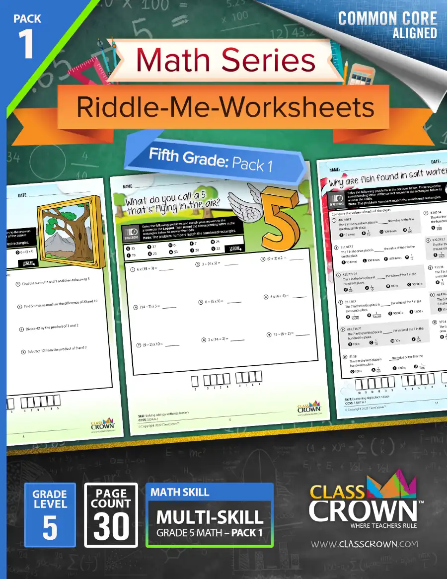 ClassCrown 5th grade math worksheets cover art with flying 5 and framed picture graphic.