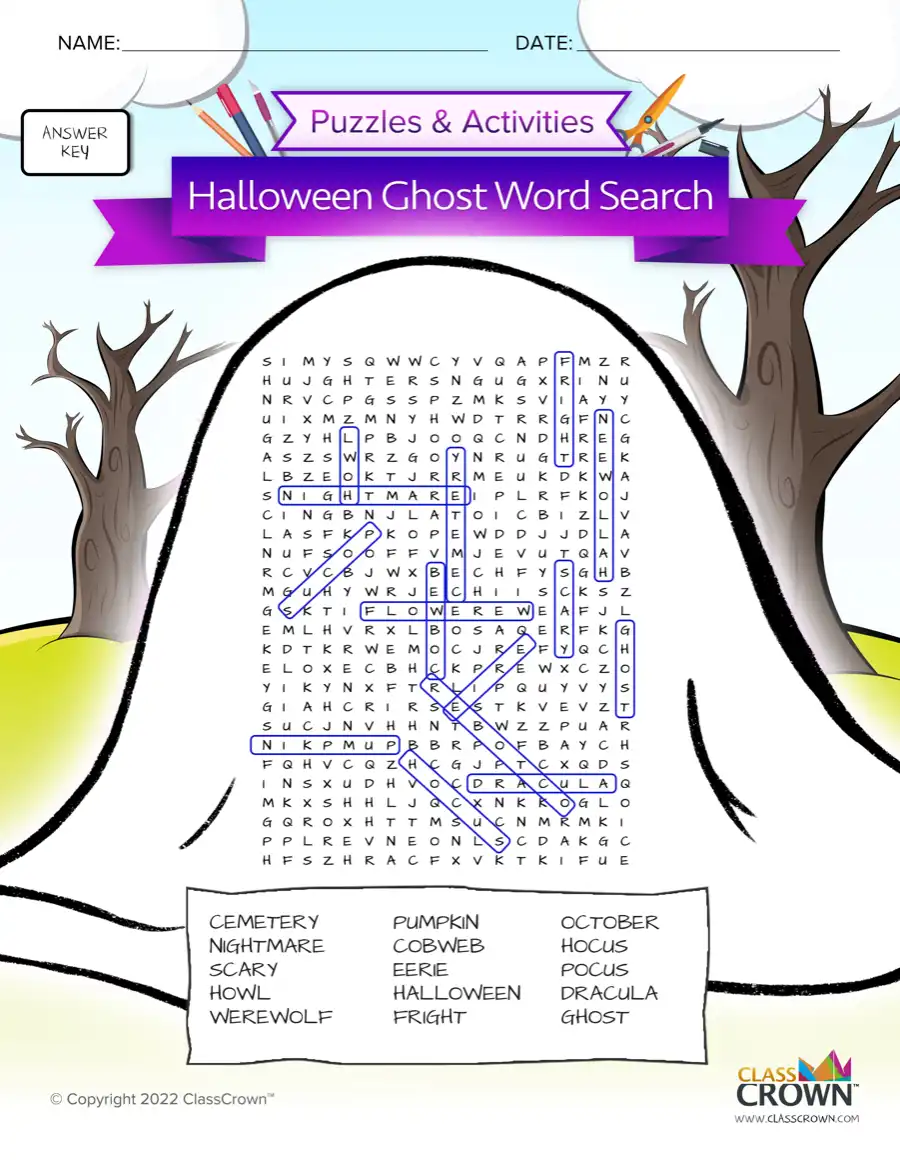 Halloween word search, caulGhostdron - answer key.