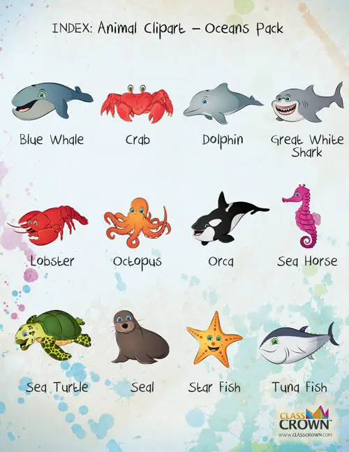 Ocean animals sea creatures index page showing all animal clip arts included.