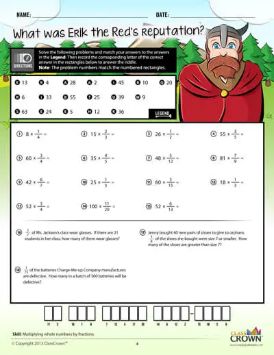 Fractions worksheet, multiplying whole numbers. Erik the red graphic.