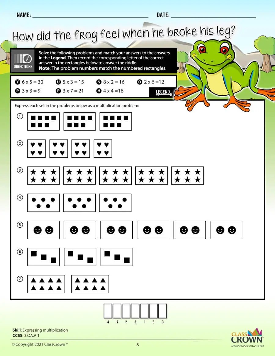 3rd grade math worksheet, expressing multiplication. Frog graphic.